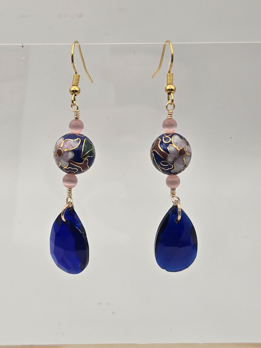 Gold-Tone Cloisonné & Blue Teardrop Dangle Earrings
